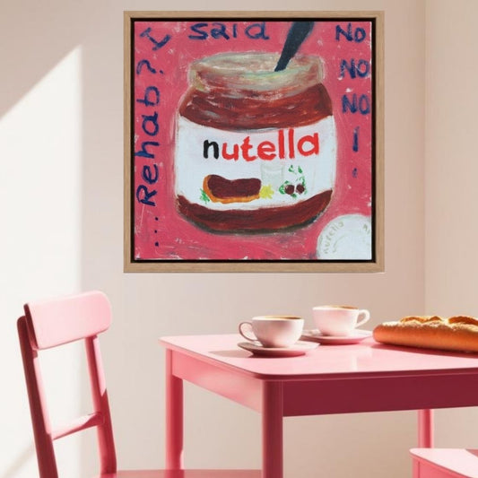 Painting of a Nutella pot on pink background in a pink kitchen from Pop&Lau