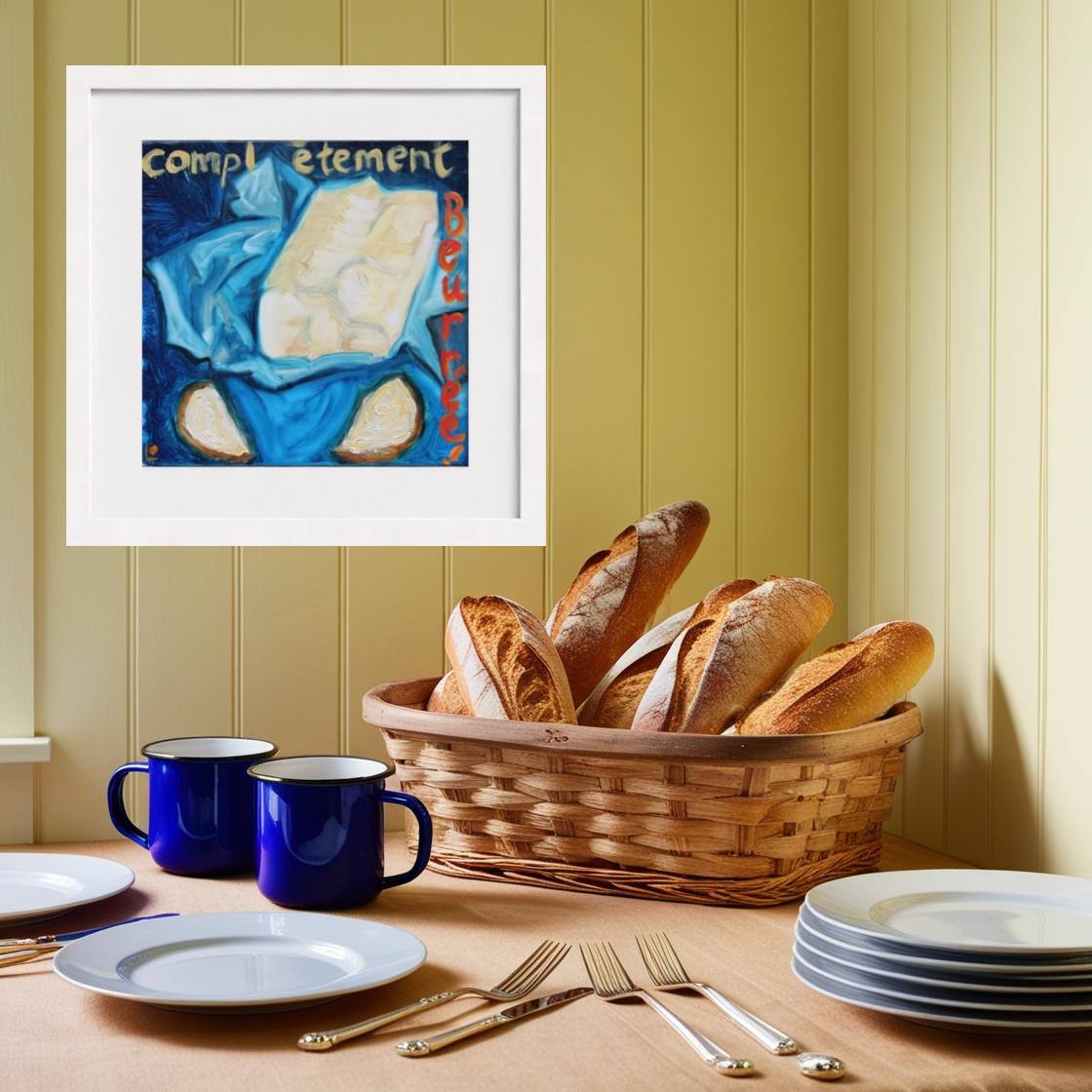 Butter Art print on a Butter Kitchen Wall with bread and 2 blue mugs-PopArtLau17
