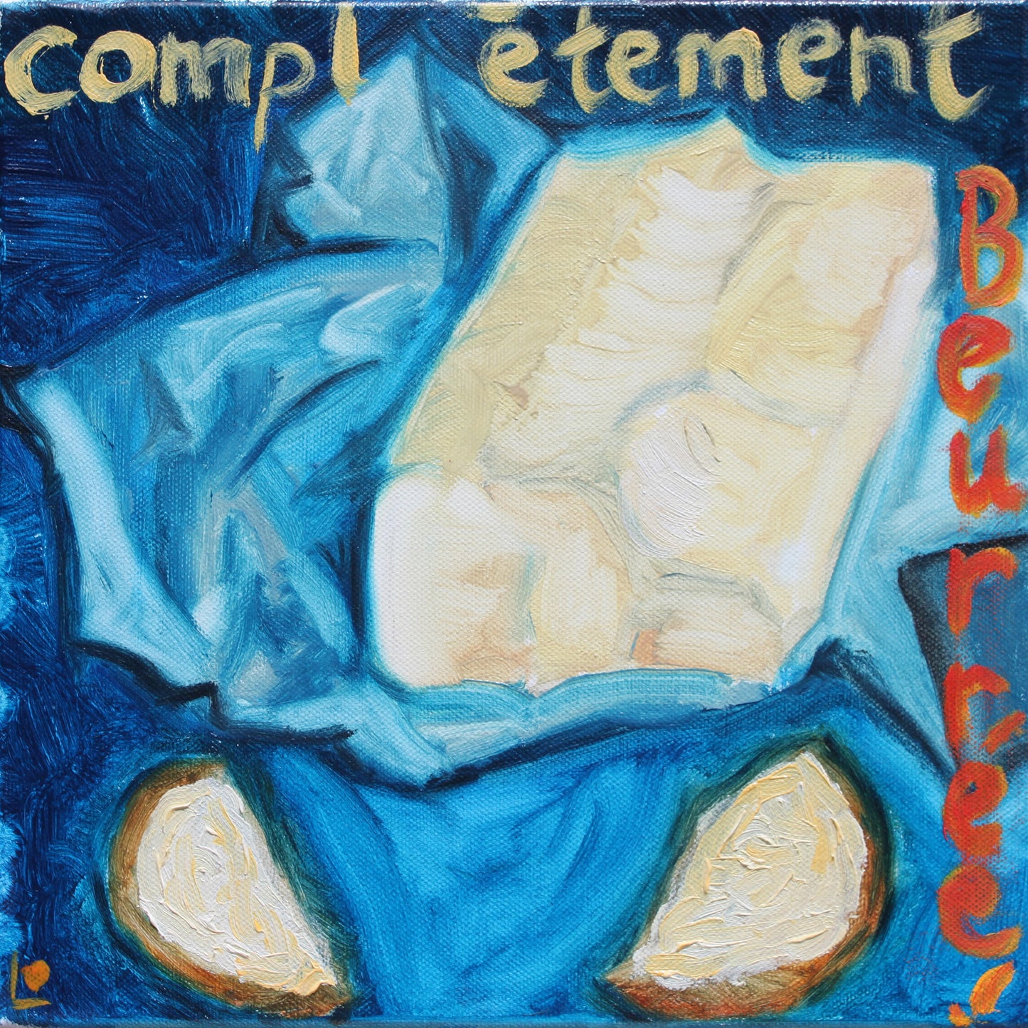 Butter stick with bread on a dark blue background with French writing around it-PopArtLau17