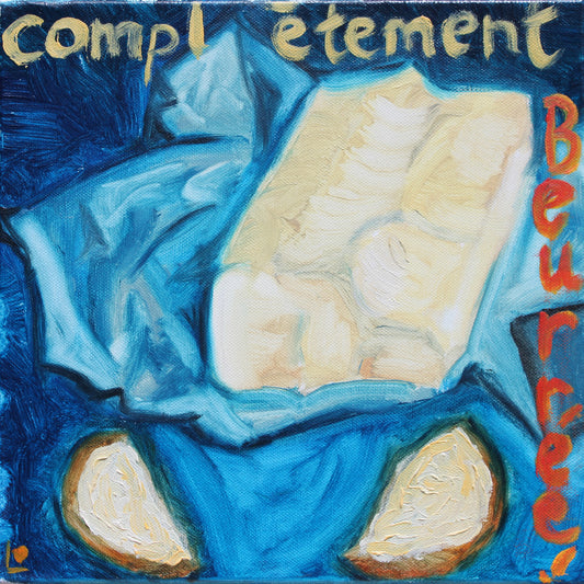 Butter stick with bread on a dark blue background with French writing around it-PopArtLau17