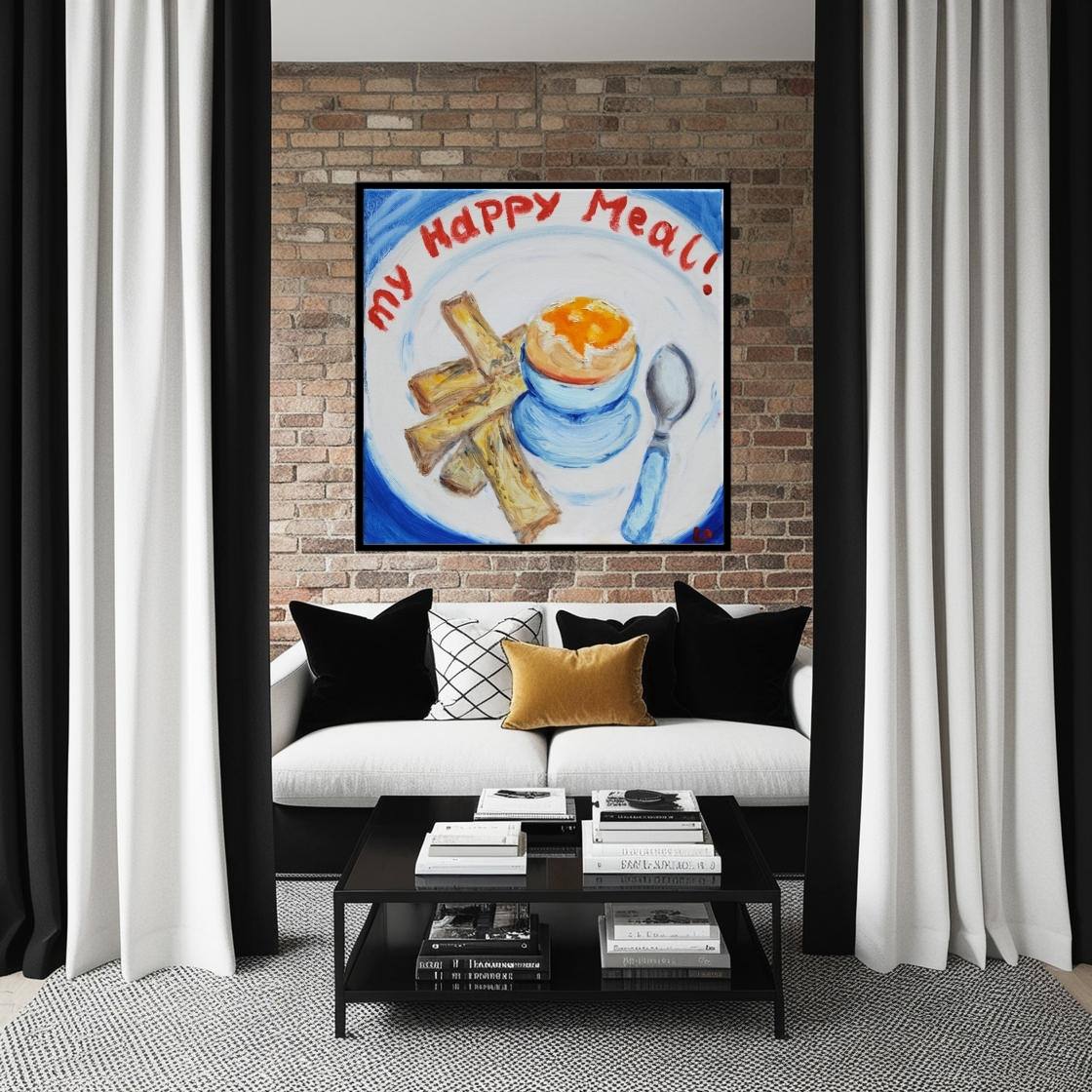 Big Egg Canvas Print on brick wall of a trendy Black and White Living Room-PopArtLau17