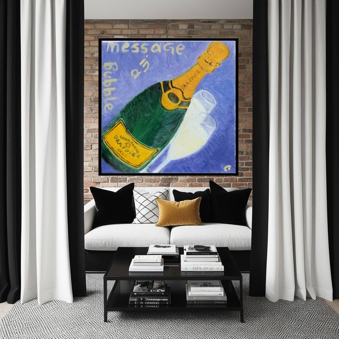 Big Champagne Canvas Print on brick wall of a trendy Black and White Living Room-PopArtLau17