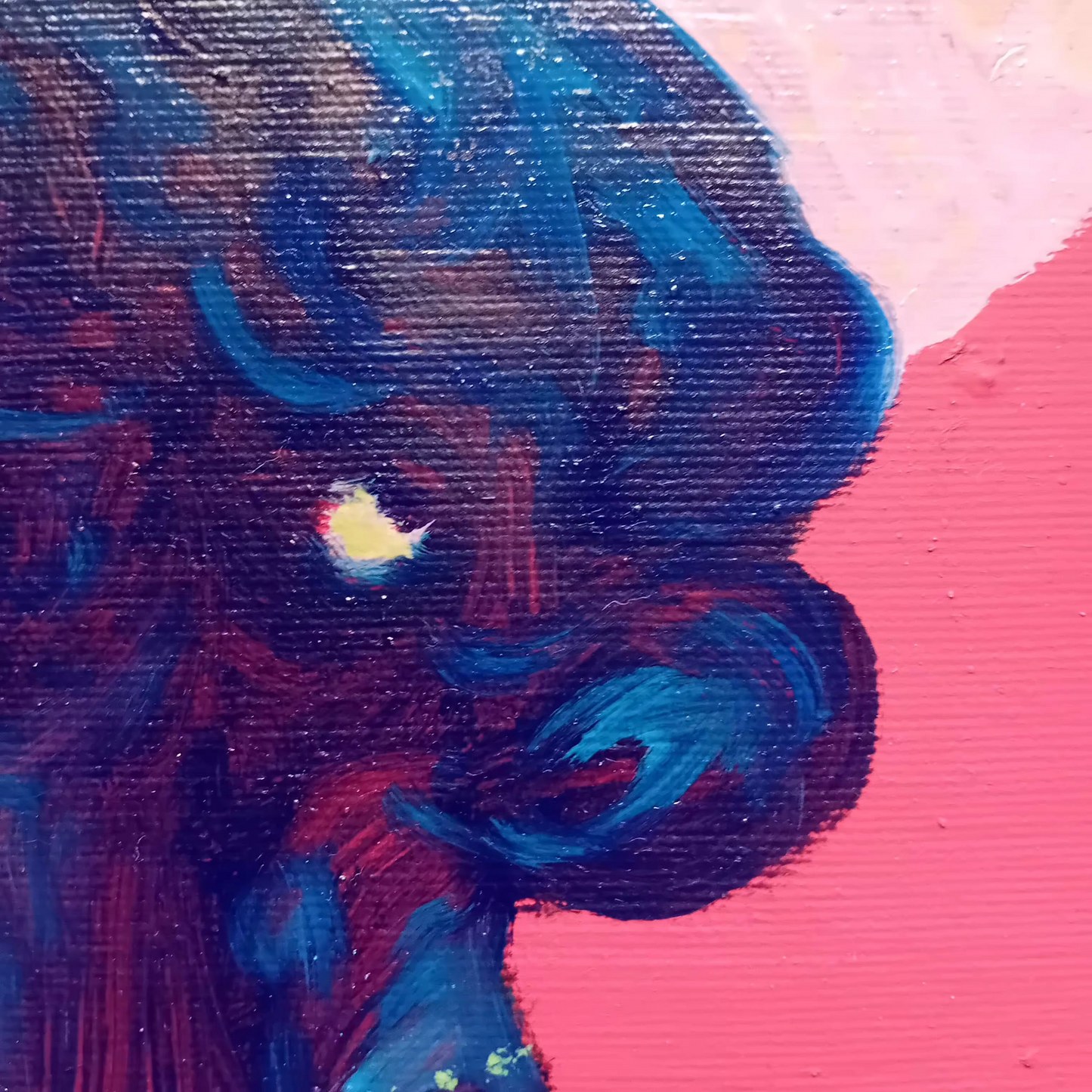navy blue brushstrokes detail of profile painting of Queen Elizabeth on red bacdetailground