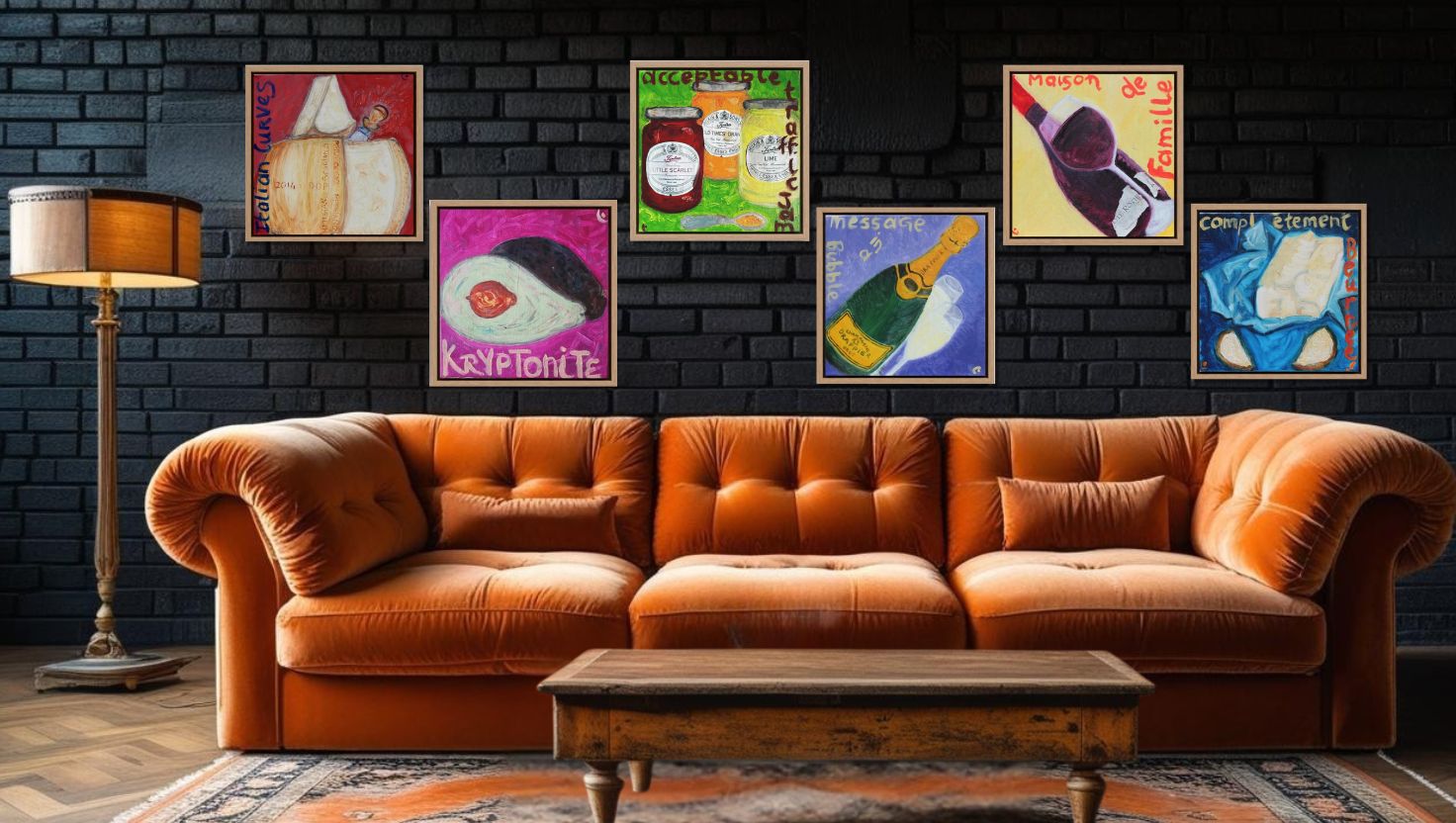 "A burnt orange velvet Chesterfield sofa reminiscent of the iconic Central Perk couch from Friends TV show sits against a dark brick wall, with a brass floor lamp beside it. Above hangs a curated gallery wall of six colorful framed artworks in the style of pop culture and TV show references. A wooden coffee table sits in front on a patterned area rug, creating a cozy living room that channels the Friends apartment aesthetic. Art available on popartau17.com.