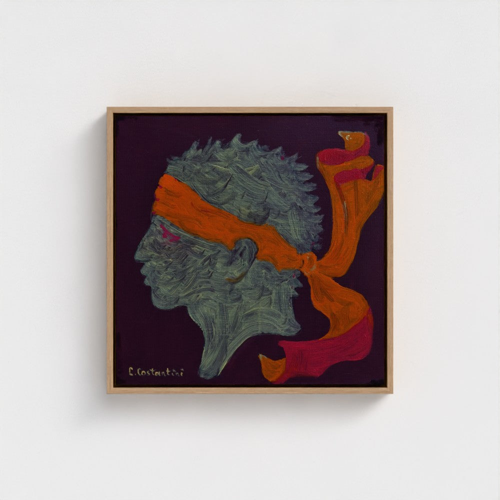 Variations sur le drapeau corse par l 'artiste Lau Costantini dans des tons sourds d'aubergine, citrouille et vanille. 50x50cm