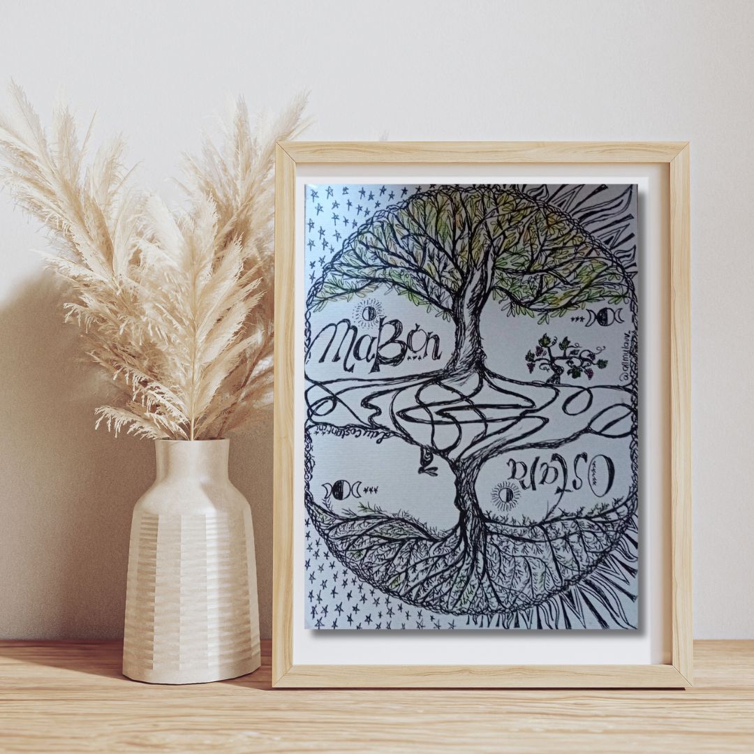 Ink illustration “EQUINOXIS” showing a tree of life with sun, moon, and seasonal symbols for Ostara and Mabon by Lau Costantini.