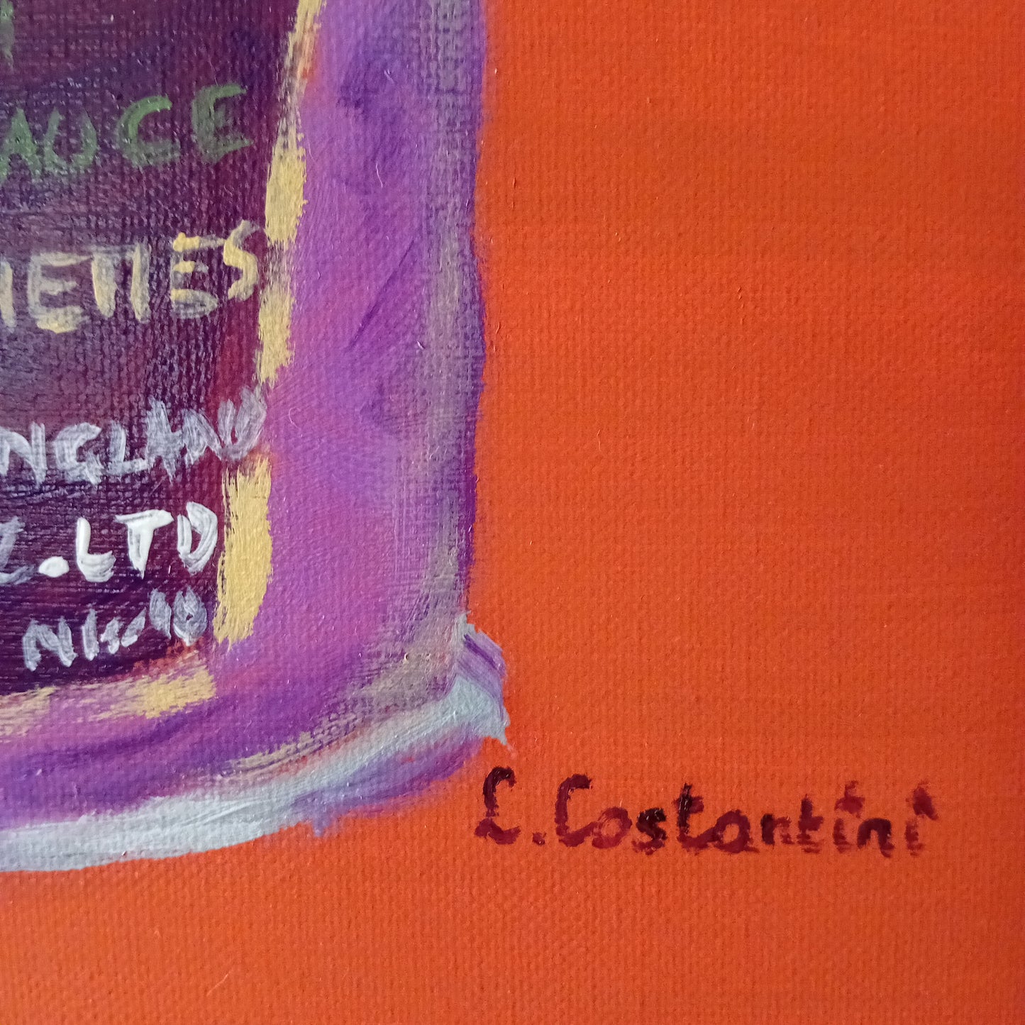 Detail of a purple baked beans can painting on an ornage background with artist's signature L. Costantini