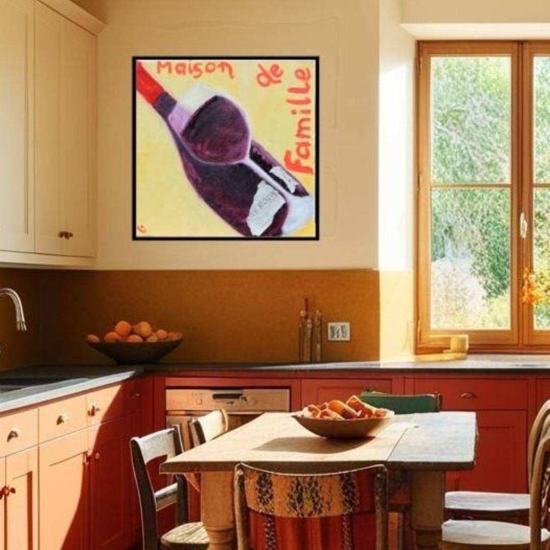 French Red Wine Bottle Art in warm simple Kitchen