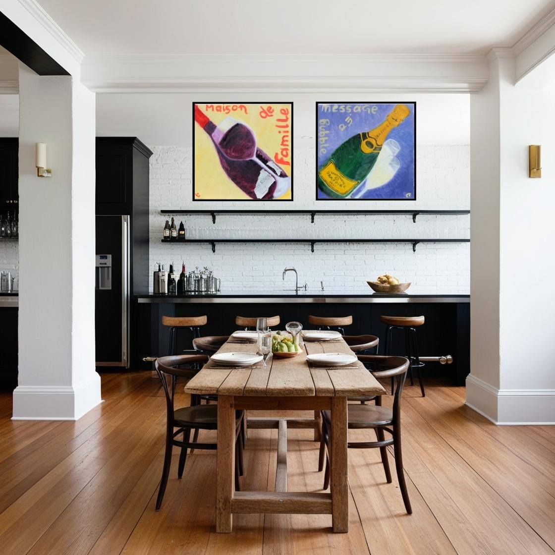 Red wine and Champagne Art Prints in a warm urban Loft Kitchen-PopArtLau17
