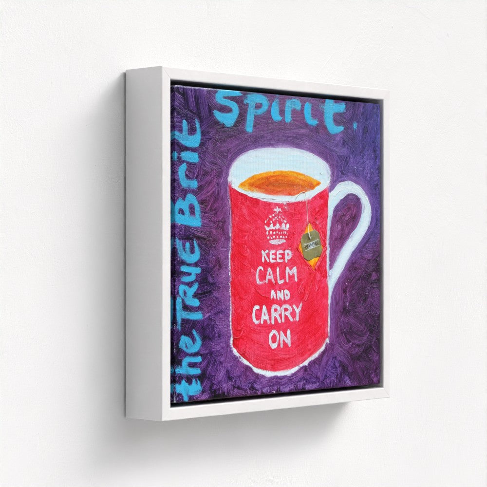 Canvas print of a Keep Calm and Carry On Red Mug of Tea in a White Float Frame-PopArtLau17