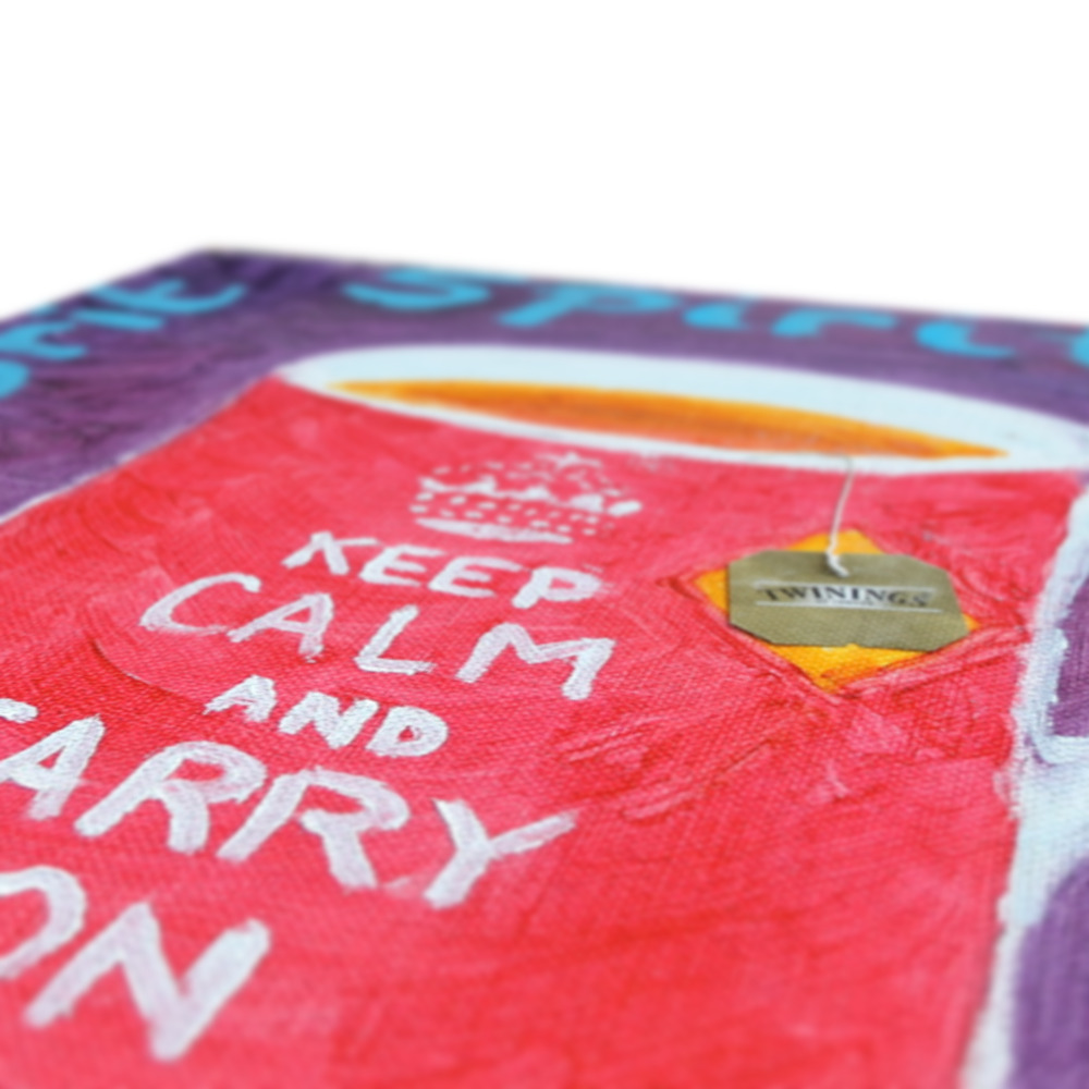 Angled view, feeling and texture of a Canvas print of a Keep Calm and Carry On Red Mug of Tea -PopArtLau17