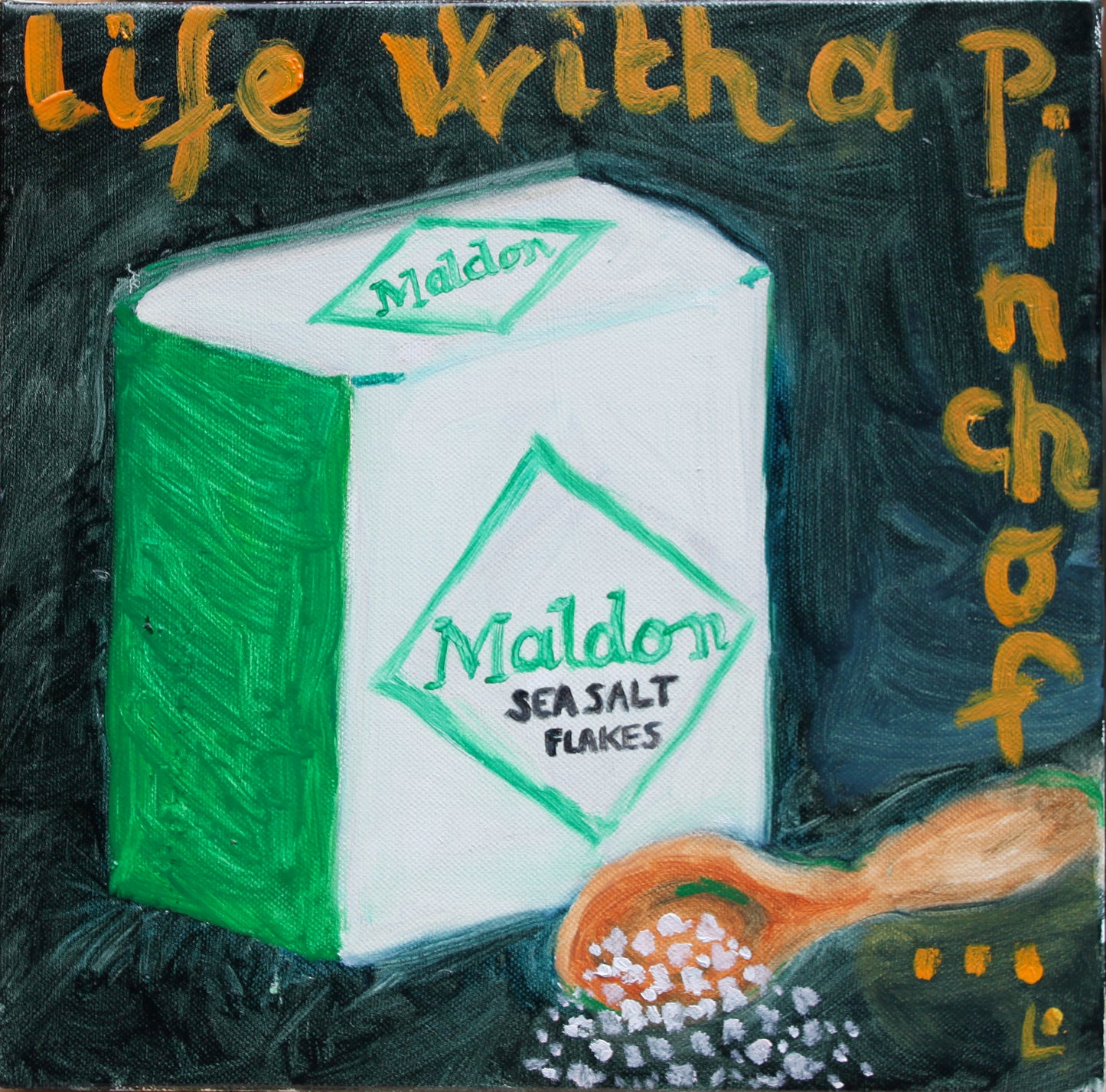 Maldon Salt box and flakes on a Slate Background-PopArtLau17
