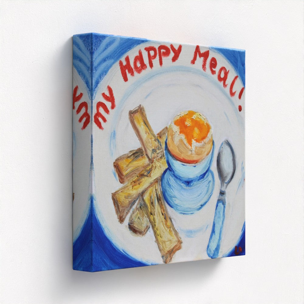 Still Life Painting Egg Yolk and Bread on a White ad Blue Plate-PopArtLau17