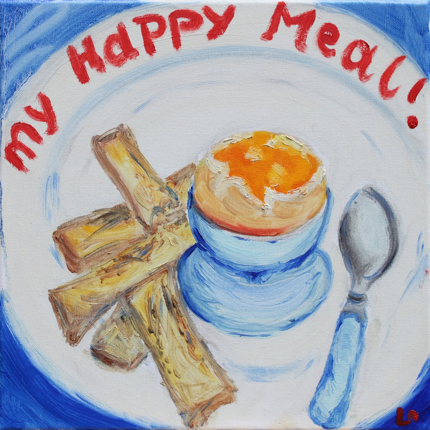Boiled Egg in a Blue Eggcup on a Blue and White Background declaring it to a Happy Meal-PopArtLau17