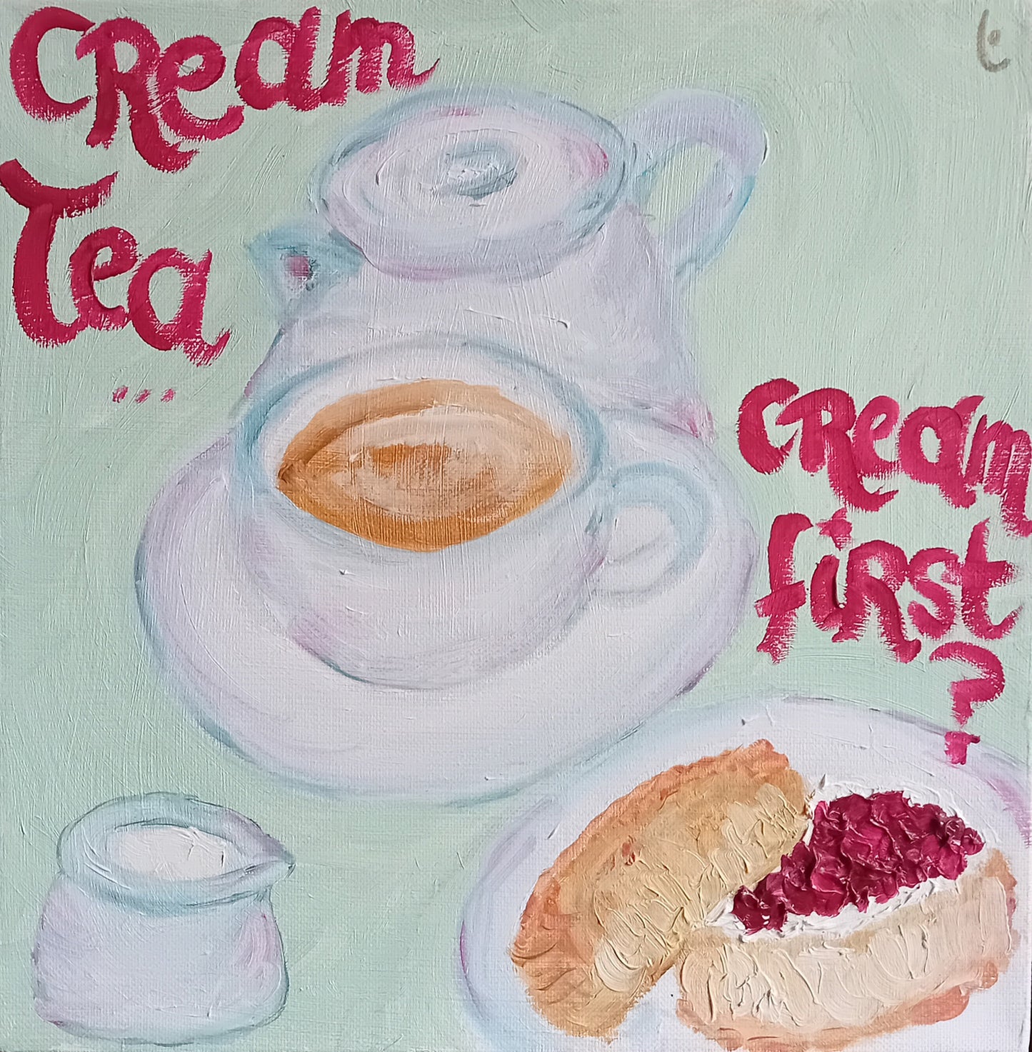 Scone, Cream and Strawberry jam with a cup of tea on Nile Green Background with a red Cream Tea, Cream First wording-PopArtLau17