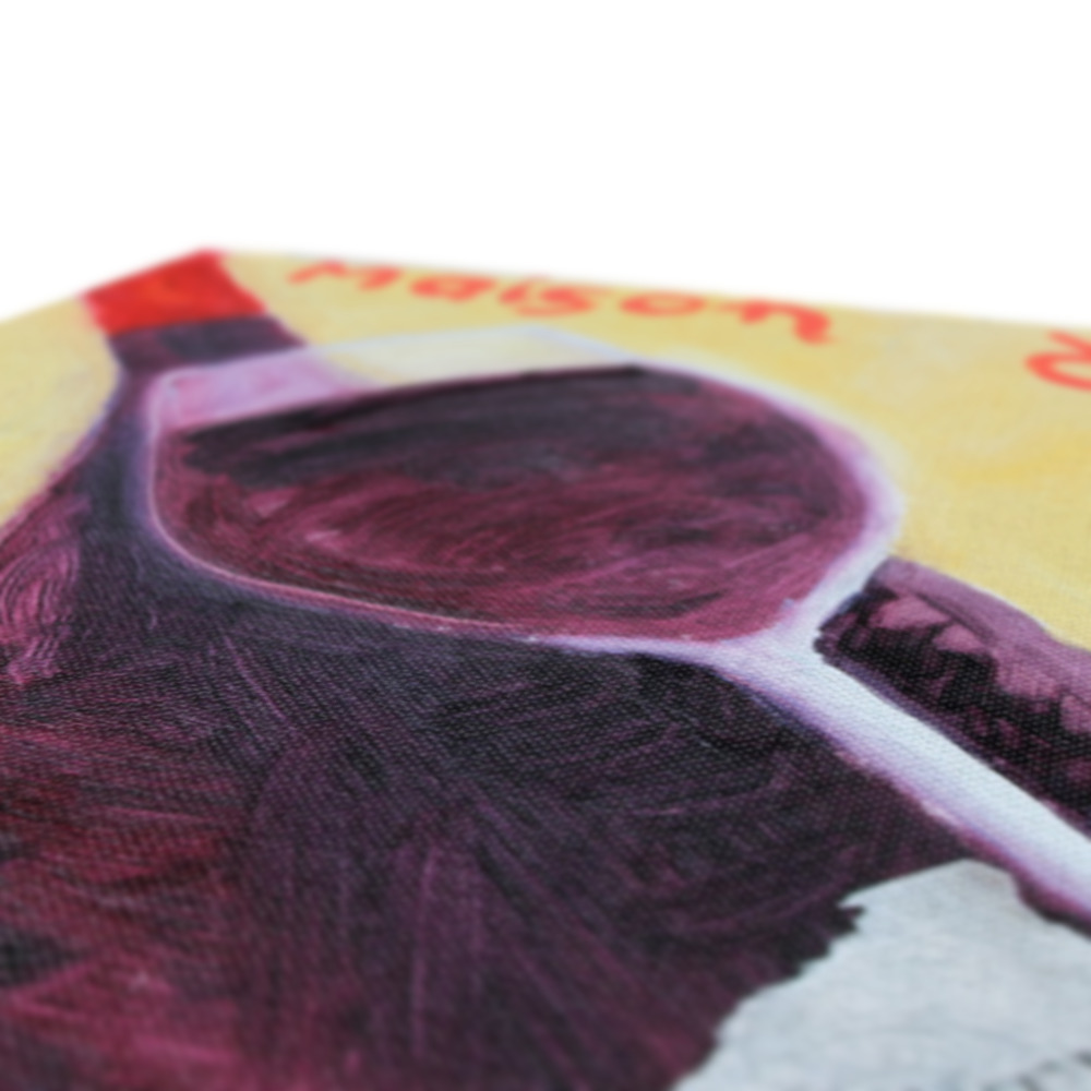 Angled view, feeling and texture of a Canvas print of a Bottle of Red Wine and Glass -PopArtLau17
