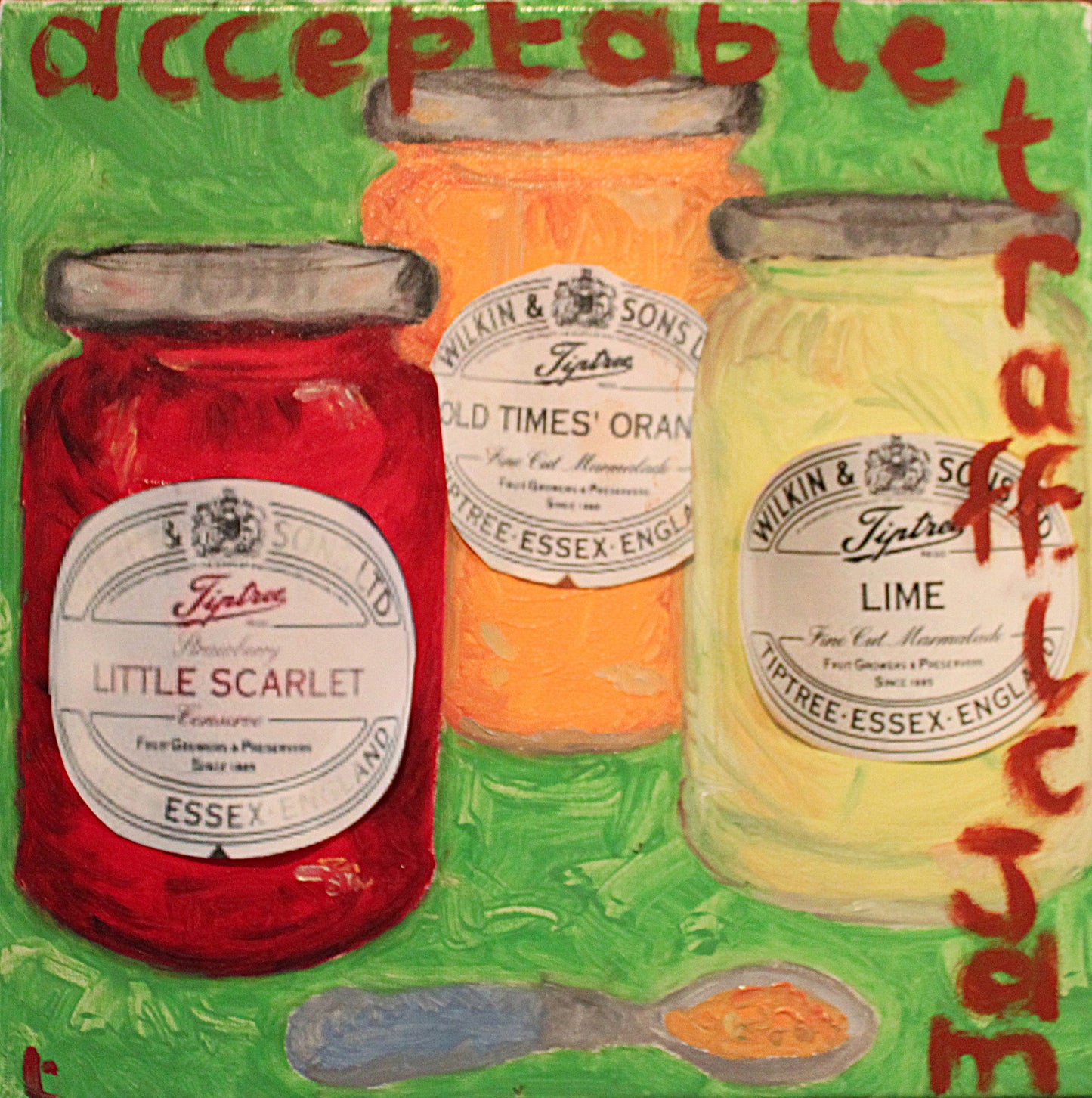 Strawberry Jam and Lime & Orange marmalade jammed as in traffic jam on acid green background Canvas-PopArtLau17