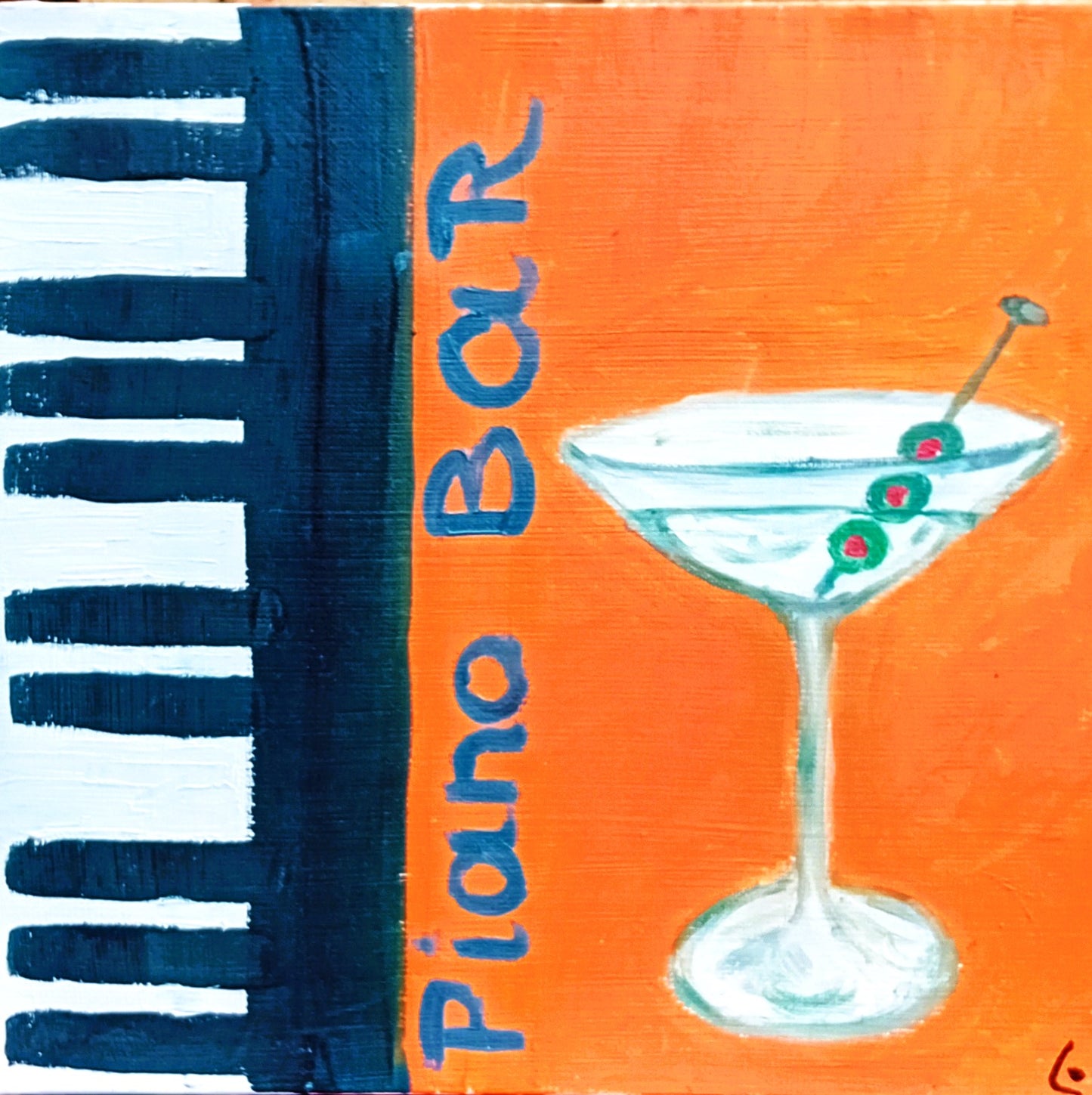 "PIANO!"... Bar – 30x30cm Original Painting of Martini, Olives & Piano Keys | Café Art
