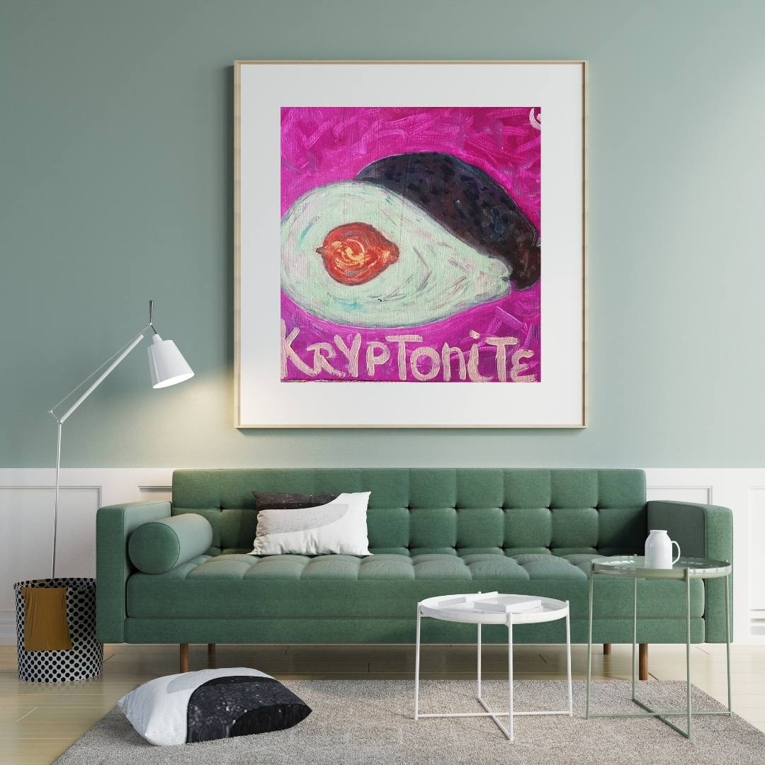 Framed Paper Print of an Avocado Painting and green sofa- PopArtLau17