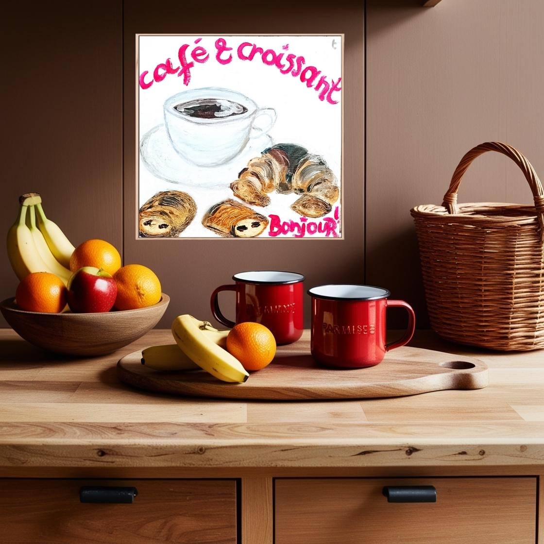 "BONJOUR!"  Café  Croissant Print on Canvas