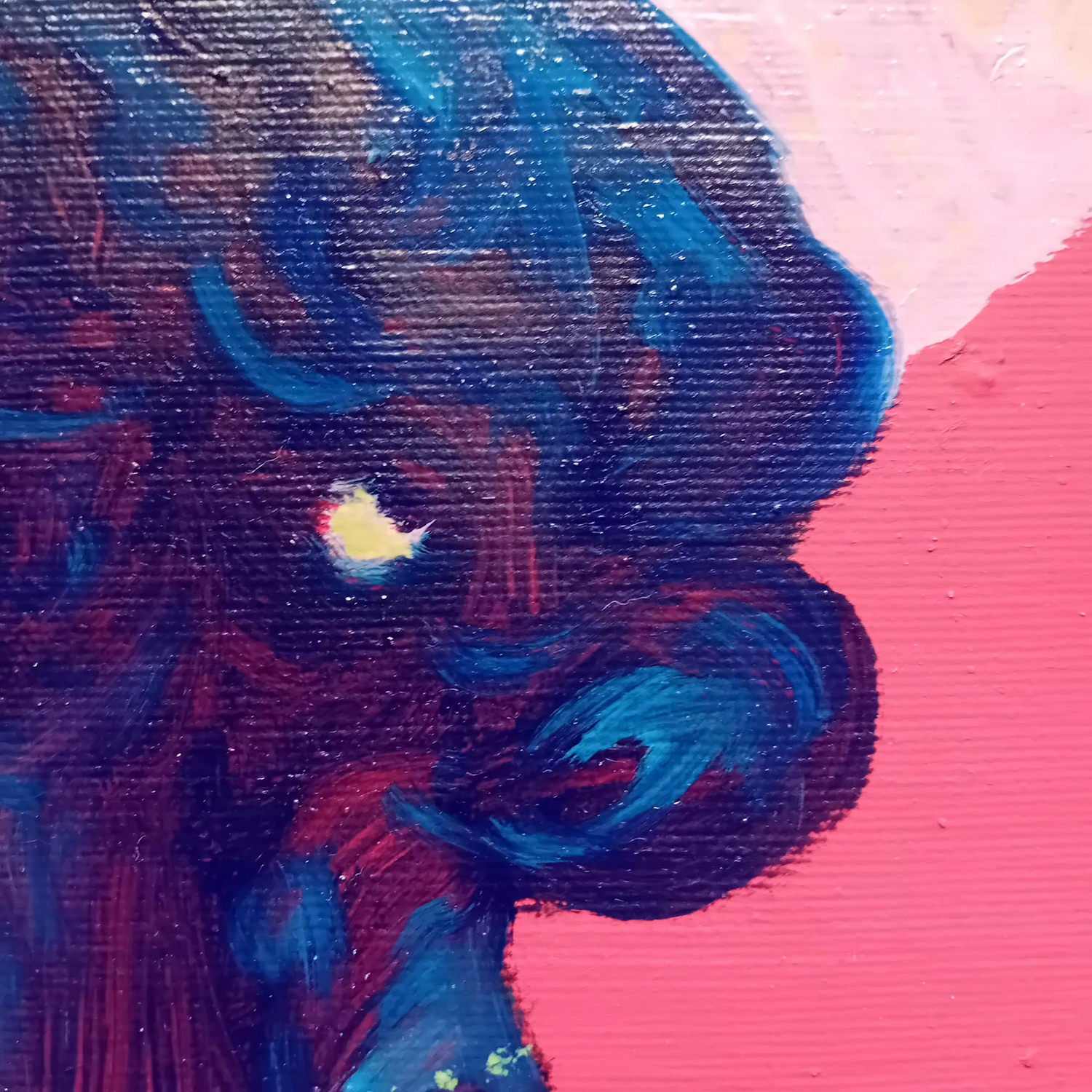 navy blue brushstrokes detail of profile painting of Queen Elizabeth on red bacdetailground