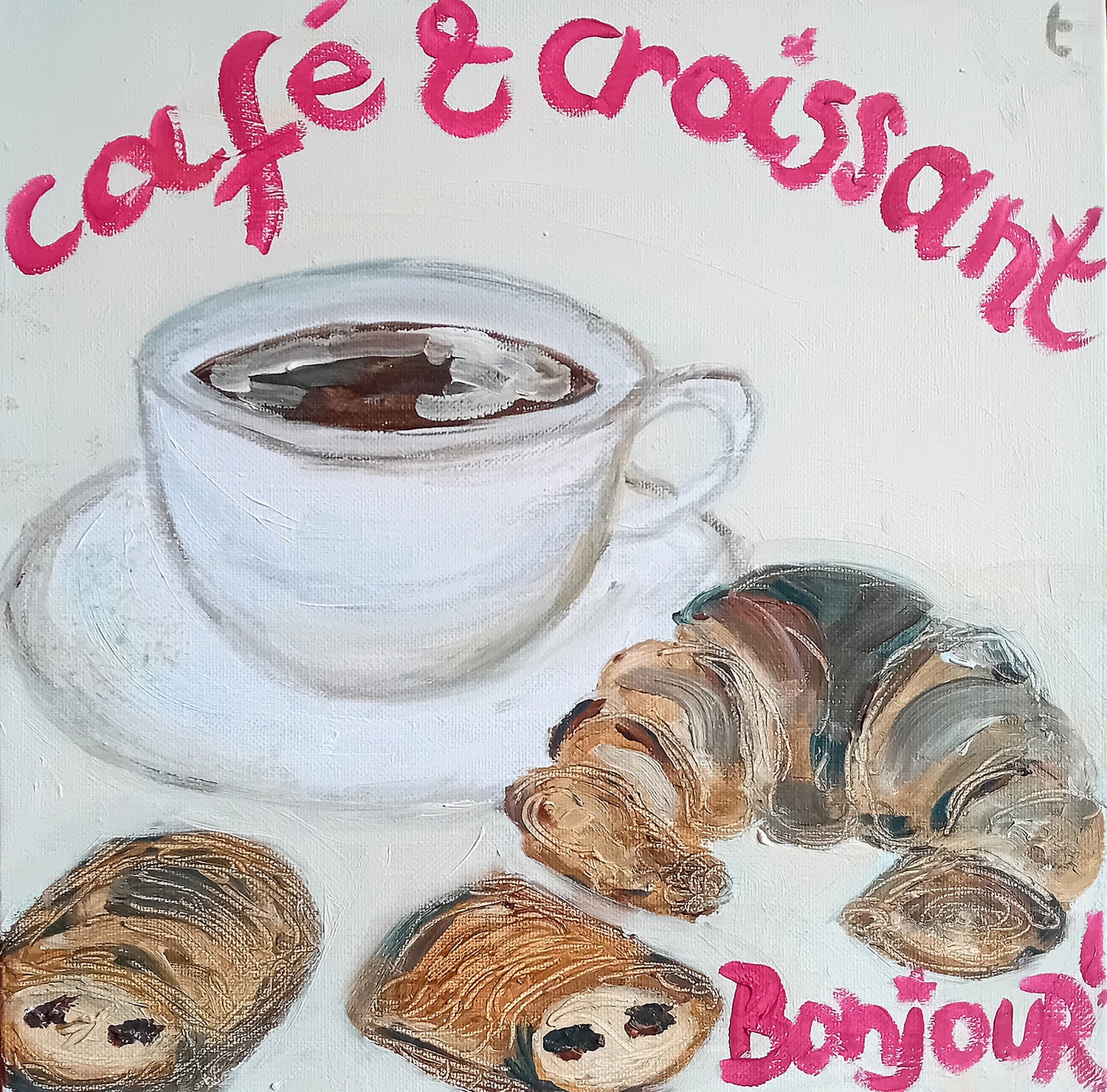 Coffee with croissants and pain au chocolat with a red letter Bonjour on a Cream background Canvas-PopArtLau17