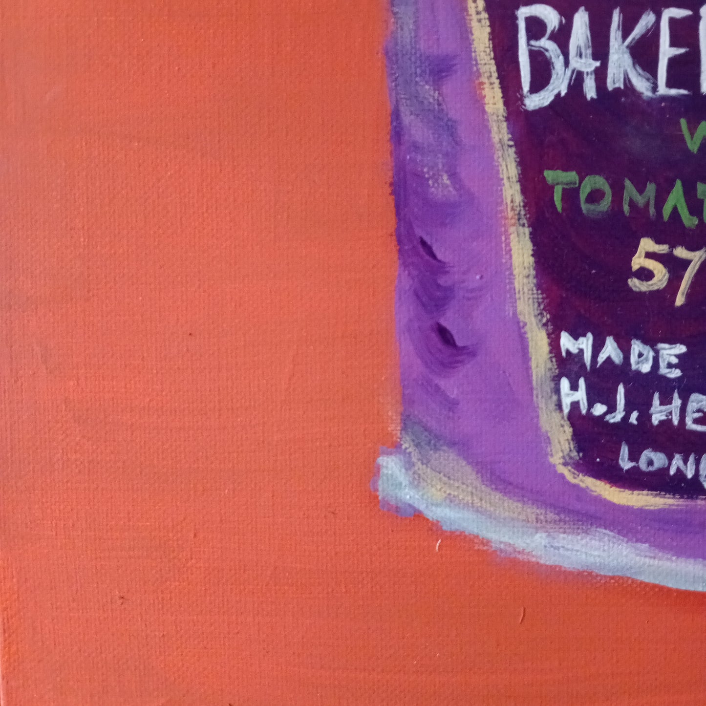 Close-up of a baked beans painting with text purple on a burnt orange background