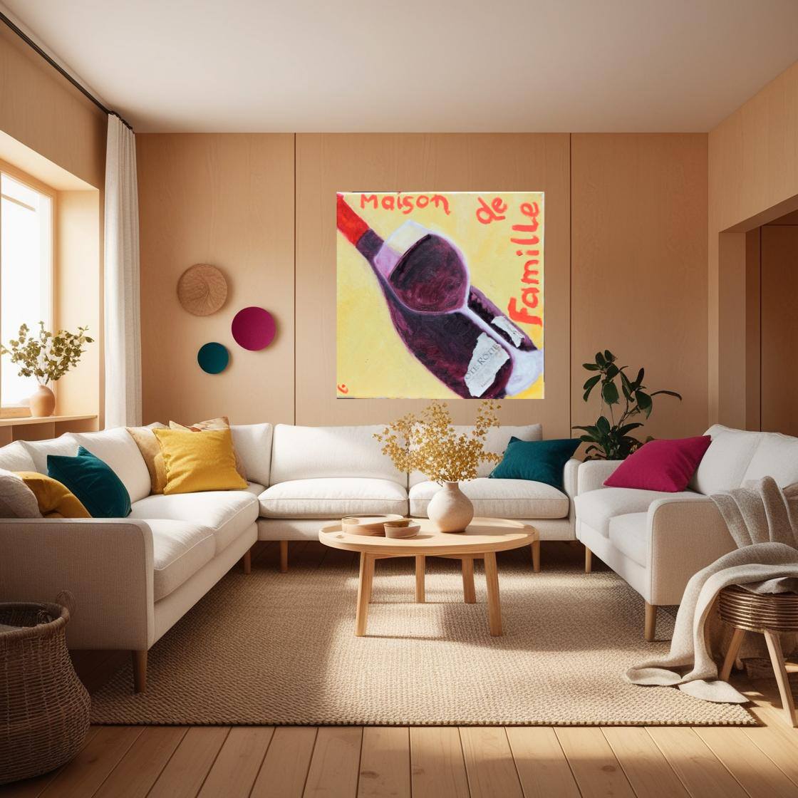 Big Canvas of French Wine Art in softly uplifting Living Room-PopArtLau17