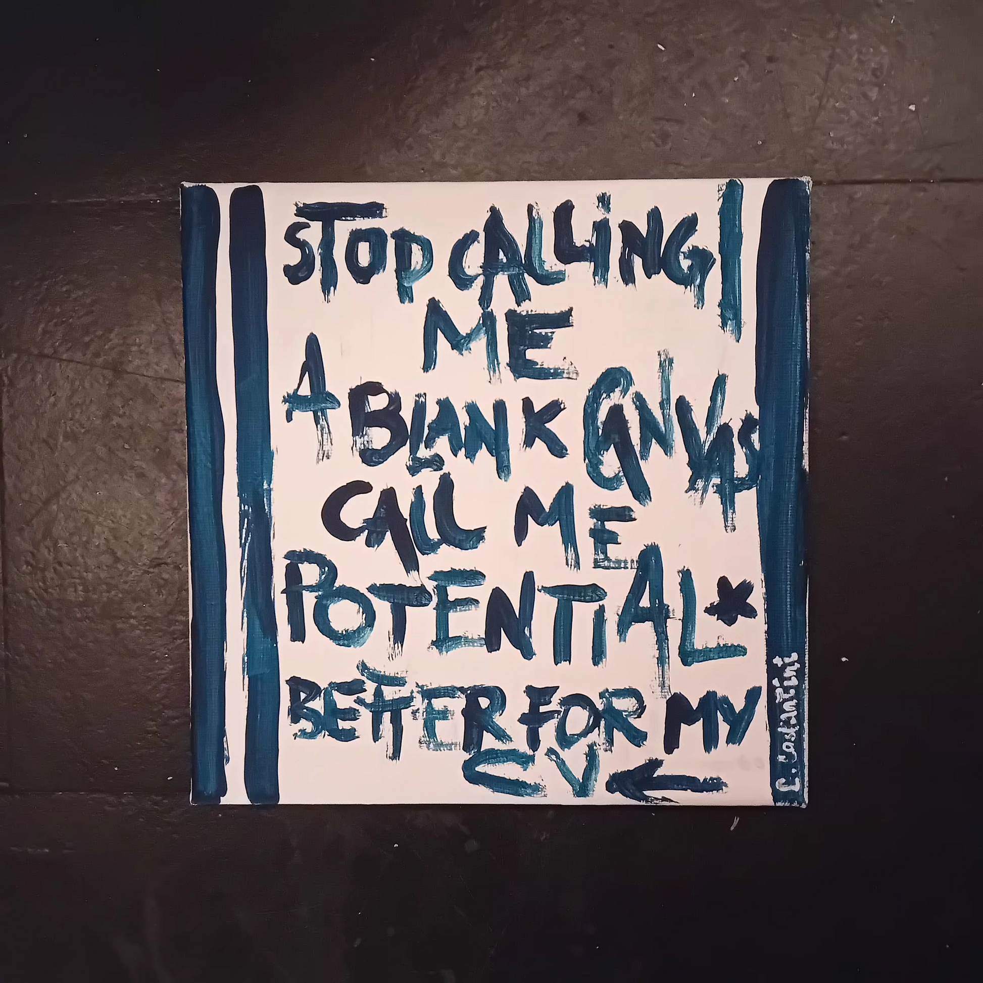 RÉSUMÉ! - Studio Unsupervised Collection Dark blue striped canvas with hand-painted CAPS text about rebranding and potential"