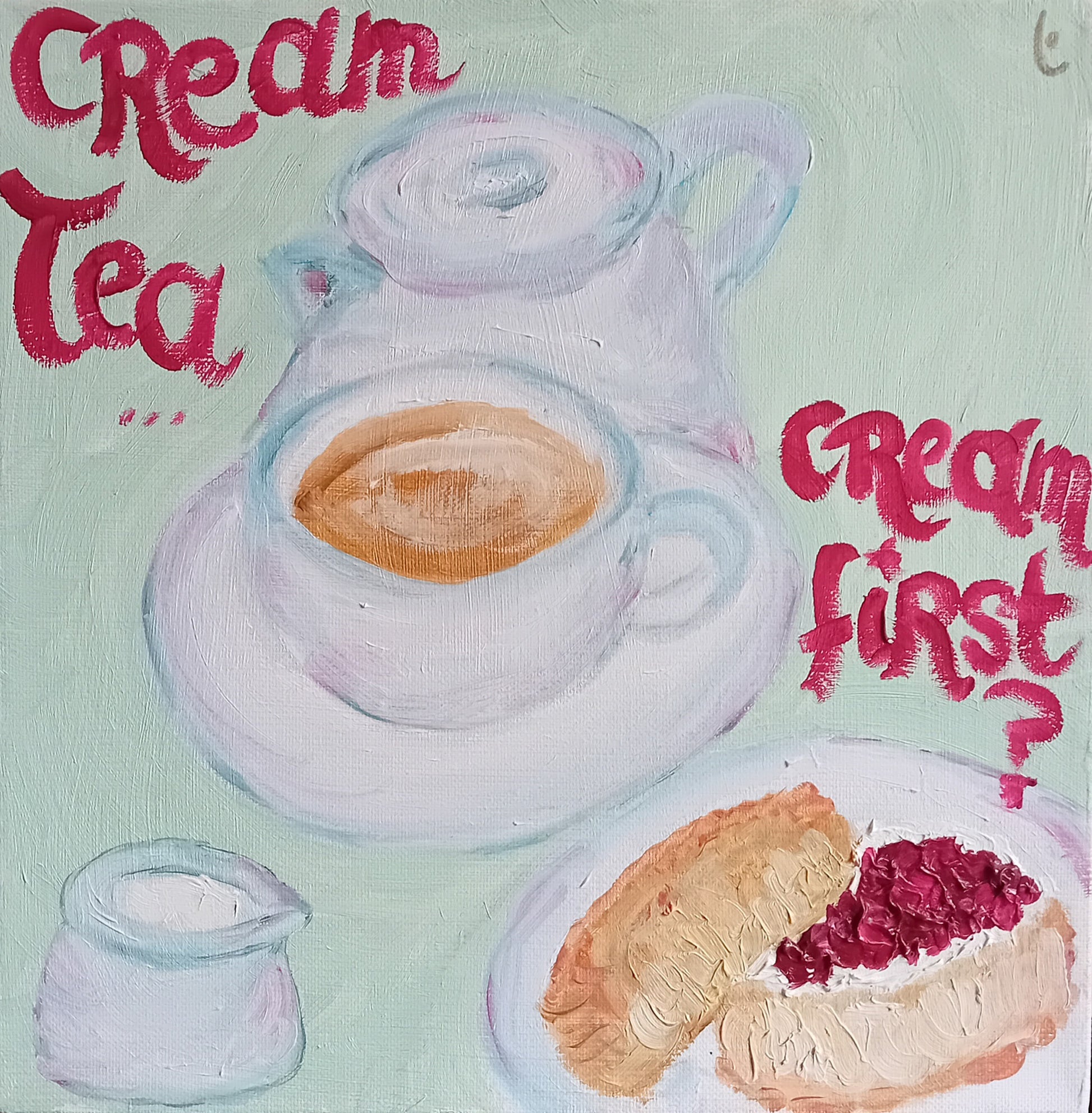 Scone, Cream and Strawberry jam with a cup of tea on Nile Green Background with a red Cream Tea, Cream First wording-PopArtLau17