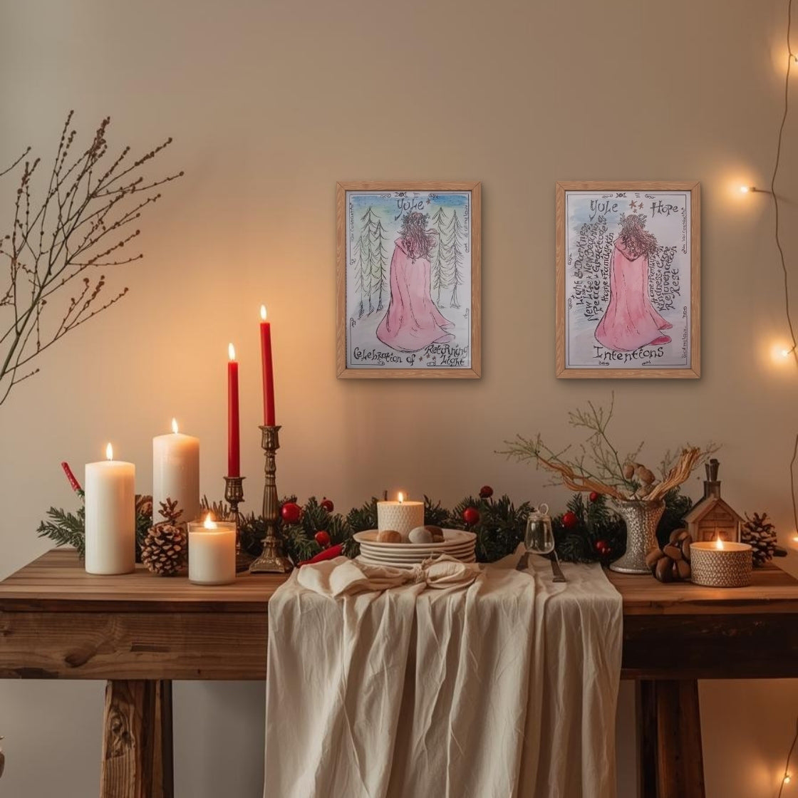 Yule Altar with candles , evergreens, pine cones and 2 watercolours about Light , Hope and Yule Intentions
